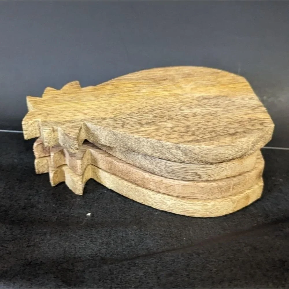 Pineapple Shaped Wood Coasters Set of 4 Tropical Boho Home‎ Decor Brown Wood